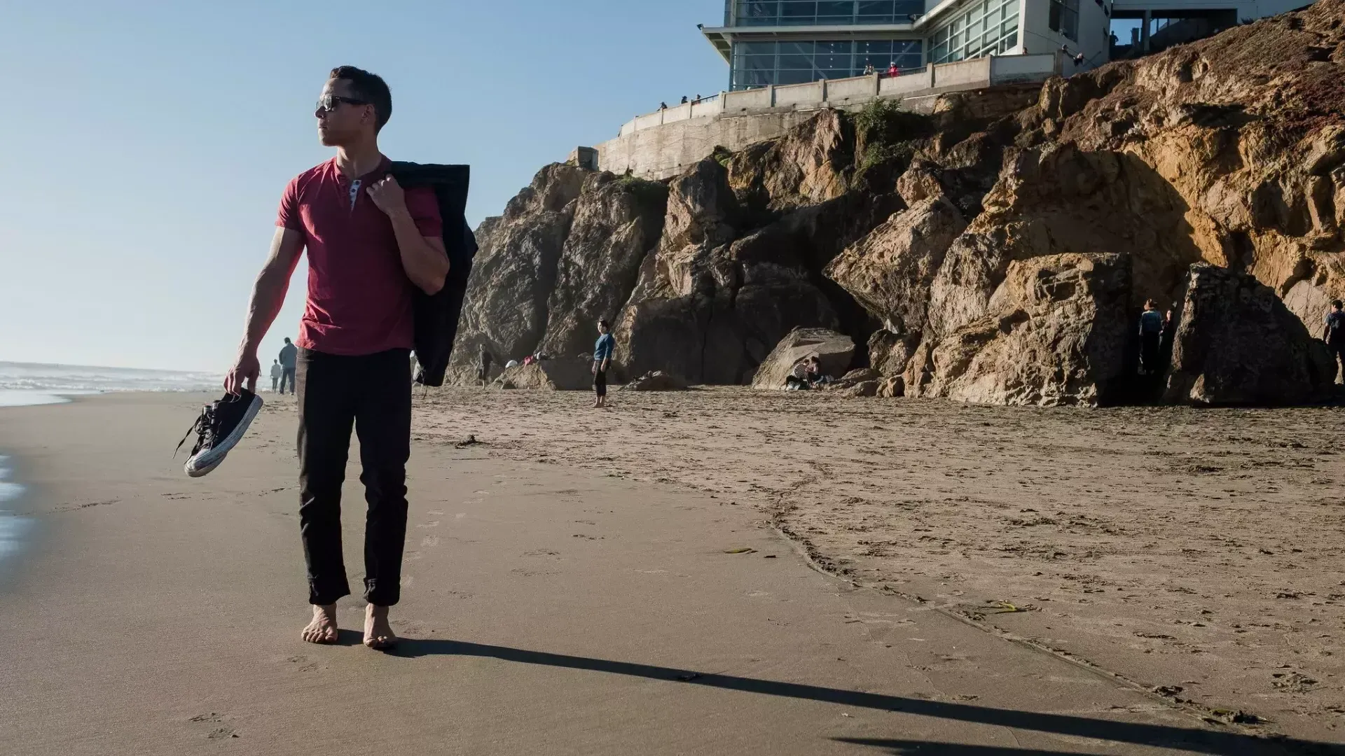 Nick Whittlesey barefoot on Ocean Beach